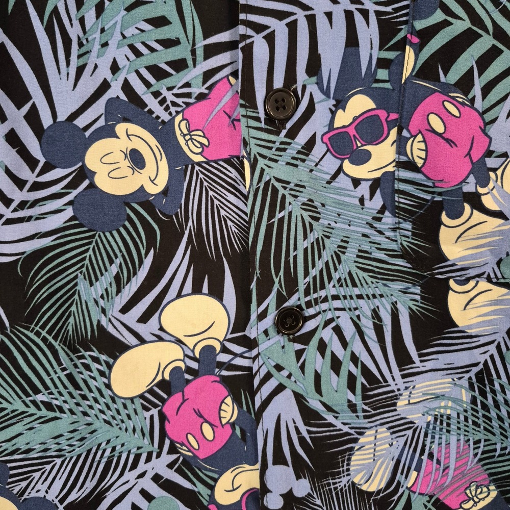 Disney Mickey Mouse Tropical Palm Button Down Shirt Size Small Black Blue Rayon - Picture 5 of 8